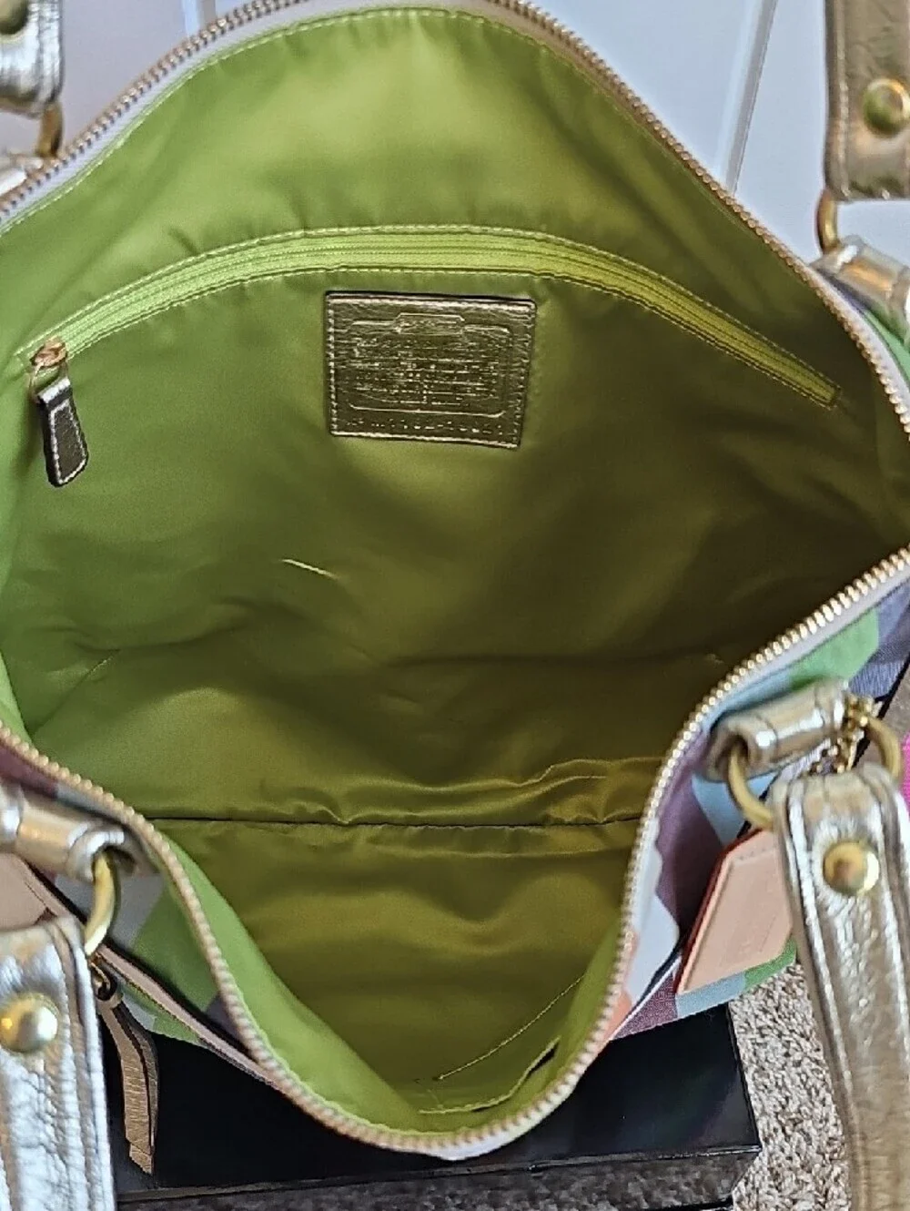 ​Coach 2011 Poppy Sequin Legacy Stripe Glam Tote - Chartreuse Interior - EUC